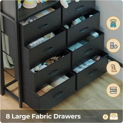 Twin Loft Bed with Desk, 8 Drawers, LED Lights, and Charging Station - Metal Storage Bed