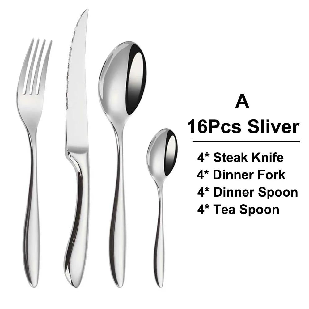 6/16/20/24Pcs Sliver Tableware Stainless Steel 304 Cutlery Set Mirror Knife Fork Spoon Western Dinner Set Smooth Handle Flatware