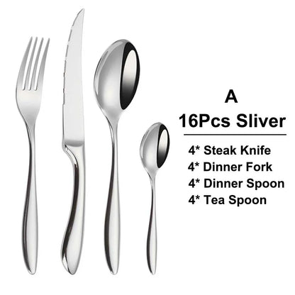 6/16/20/24Pcs Sliver Tableware Stainless Steel 304 Cutlery Set Mirror Knife Fork Spoon Western Dinner Set Smooth Handle Flatware