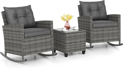 3 Piece Patio Furniture Rocking Bistro Set, Wicker Outdoor Rocking Chairs & Glass Table, PE Rattan Conversation Set
