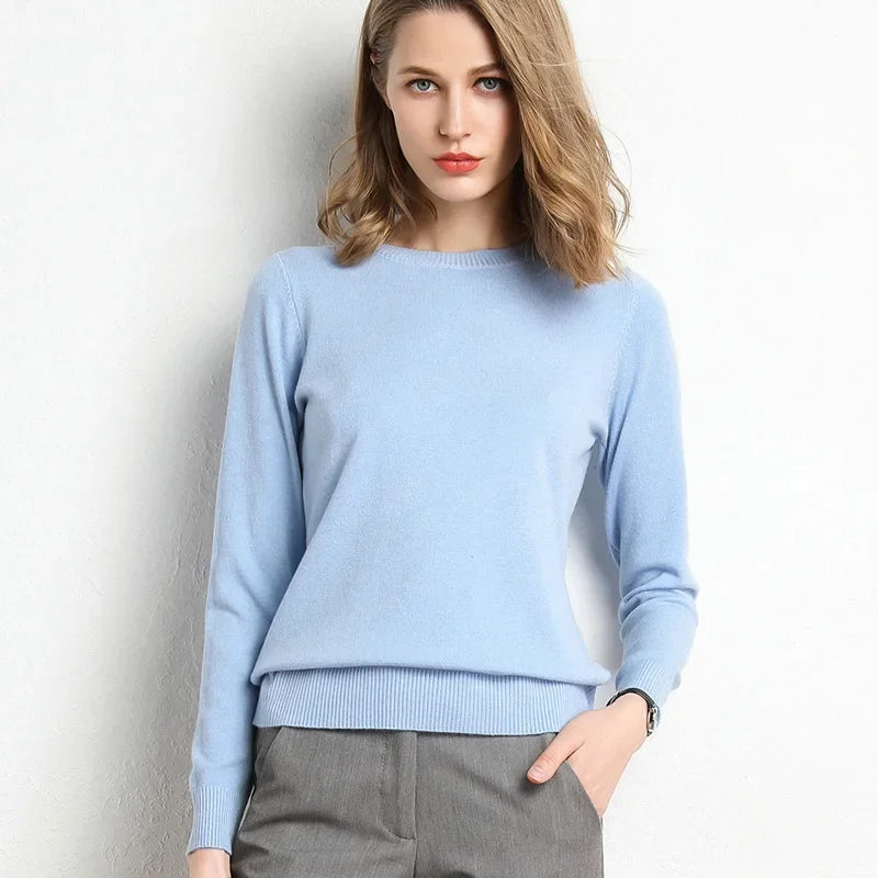 2023 Women Slim O-Neck Pullover Cashmere Wool Blending Sweater Autumn And Winter Long-Sleeved Knit Bottoming Shirt Large Size