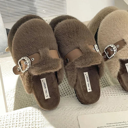 Winter Warm Plush Slippers for Women Closed Toe Faux Fur Cotton Shoes Woman Fashion Buckle Lightweight Flat Mules Shoes 2025