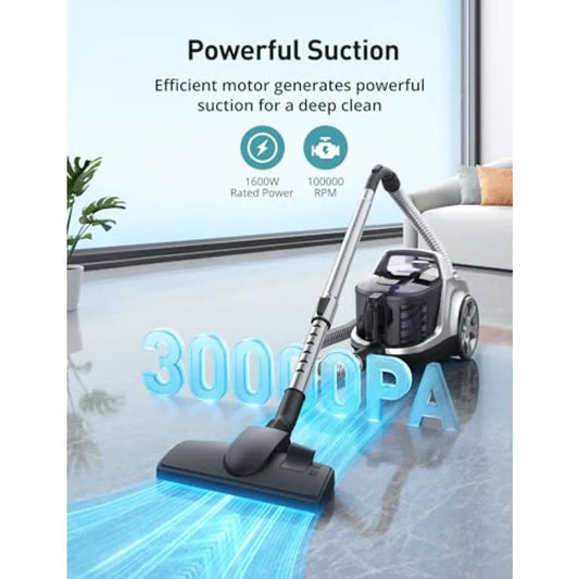 Upgraded 1600W Bagless Canister Vacuum Cleaner with Auto Cord Rewind and H13 HEPA Filter for Efficient Cleaning on Hard Floors