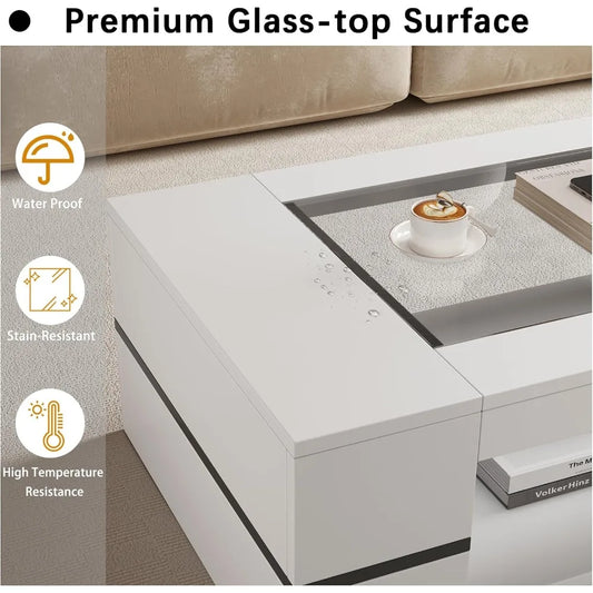 47.2" Modern Stylish Coffee Table with Glass Table Top, Large Living Room Table Rectangular 2-Tier Center Tables with Storage