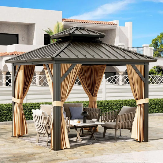 Durable Aluminum 10x10 Outdoor Gazebo with Permanent Roof, Curtains, and Mosquito Netting for Garden Use