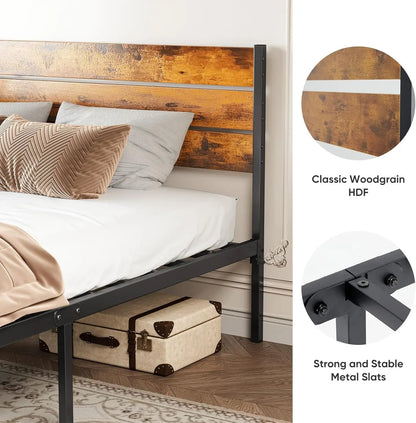 Full Size Bed Frame with Headboard, 800LBS Support, Under Bed Storage, Easy Assembly, Rust Brown - Durable Metal Foundation