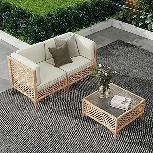 Outdoor Patio Furniture Set, Wicker Outdoor Sectional Set, Boho Patio Conversation Sectional Sofa with Large Tempered Glass Cof