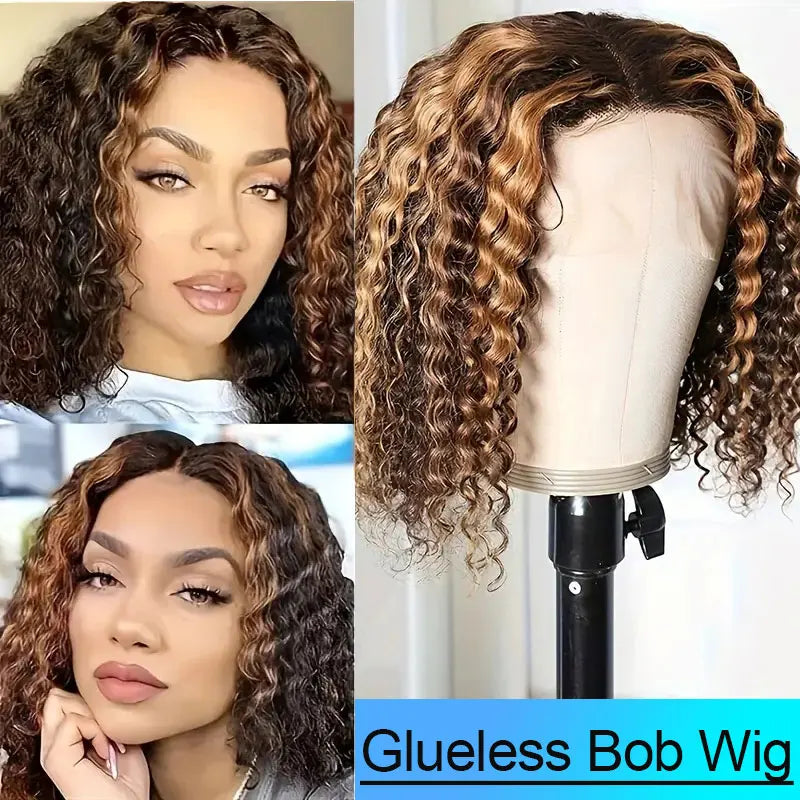 Deep Wave Bob Wig Human Hair Glueless Highlight 5x5 HD Lace Front 220% Density 4/27 Colored Ombre Wear and Go Human Hair Wigs