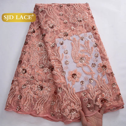 SJD LACE French Mesh Lace Fabric with Beads 2025 High Quality Nigerian African Net Tulle Lace for Sewing Women Wedding Dress4319