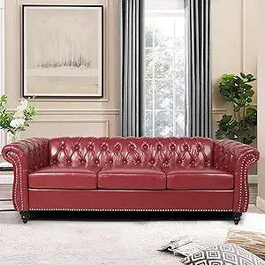 Chesterfield Leather Sofa 3 Seater Couch, Mid-Century Large Sofa Roll Arm Classic Tufted Settee Modern PU Sofa with Channel Tuf