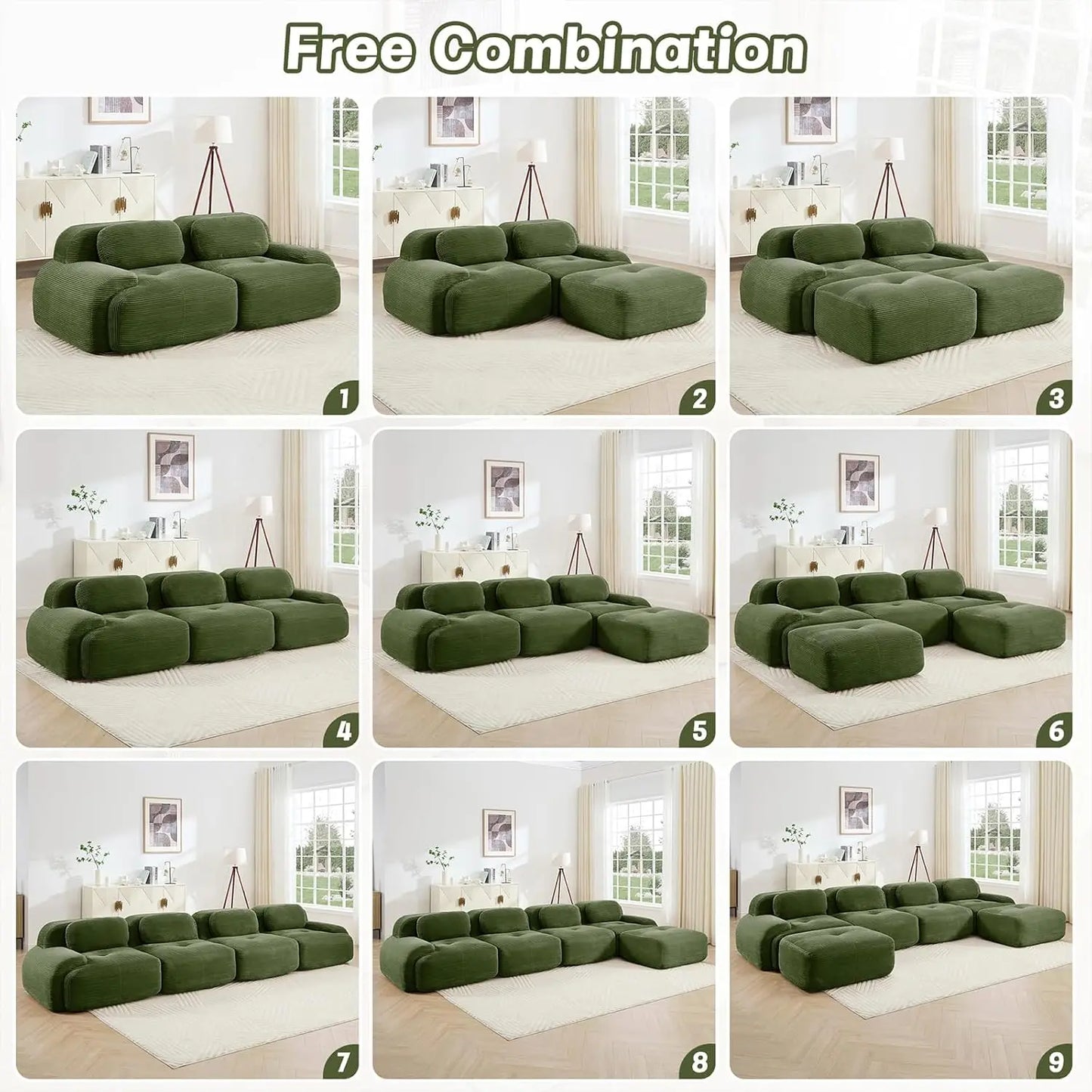 116" Modern Corduroy Cloud Sofa with Ottoman, U Shaped Boneless Modular Large Sectional Couches for Living Room, Green 3 Seater