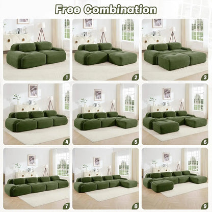 116" Modern Corduroy Cloud Sofa with Ottoman, U Shaped Boneless Modular Large Sectional Couches for Living Room, Green 3 Seater