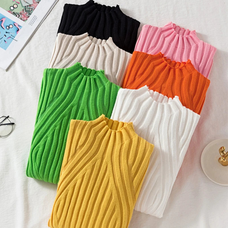 Knitted Sweater Women Pullover 2025 Half Turtleneck Jumper Sweater Autumn Winter Solid Slim Chic Streetwear Long Sleeve Top Y2K