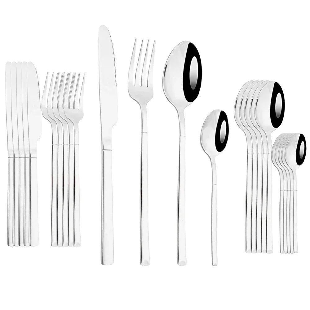 24Pcs Dinnerware Set Stainless Steel Cutlery Set Silver Knife Fork Spoon Dinner Flatware Set Kitchen Silverware Tableware Set