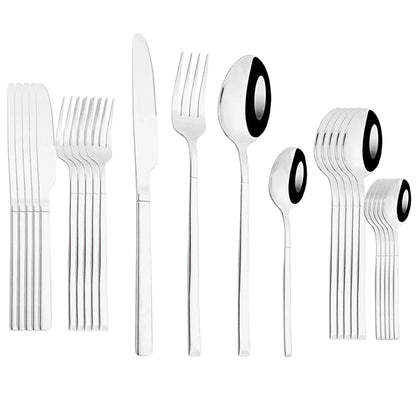 24Pcs Dinnerware Set Stainless Steel Cutlery Set Silver Knife Fork Spoon Dinner Flatware Set Kitchen Silverware Tableware Set
