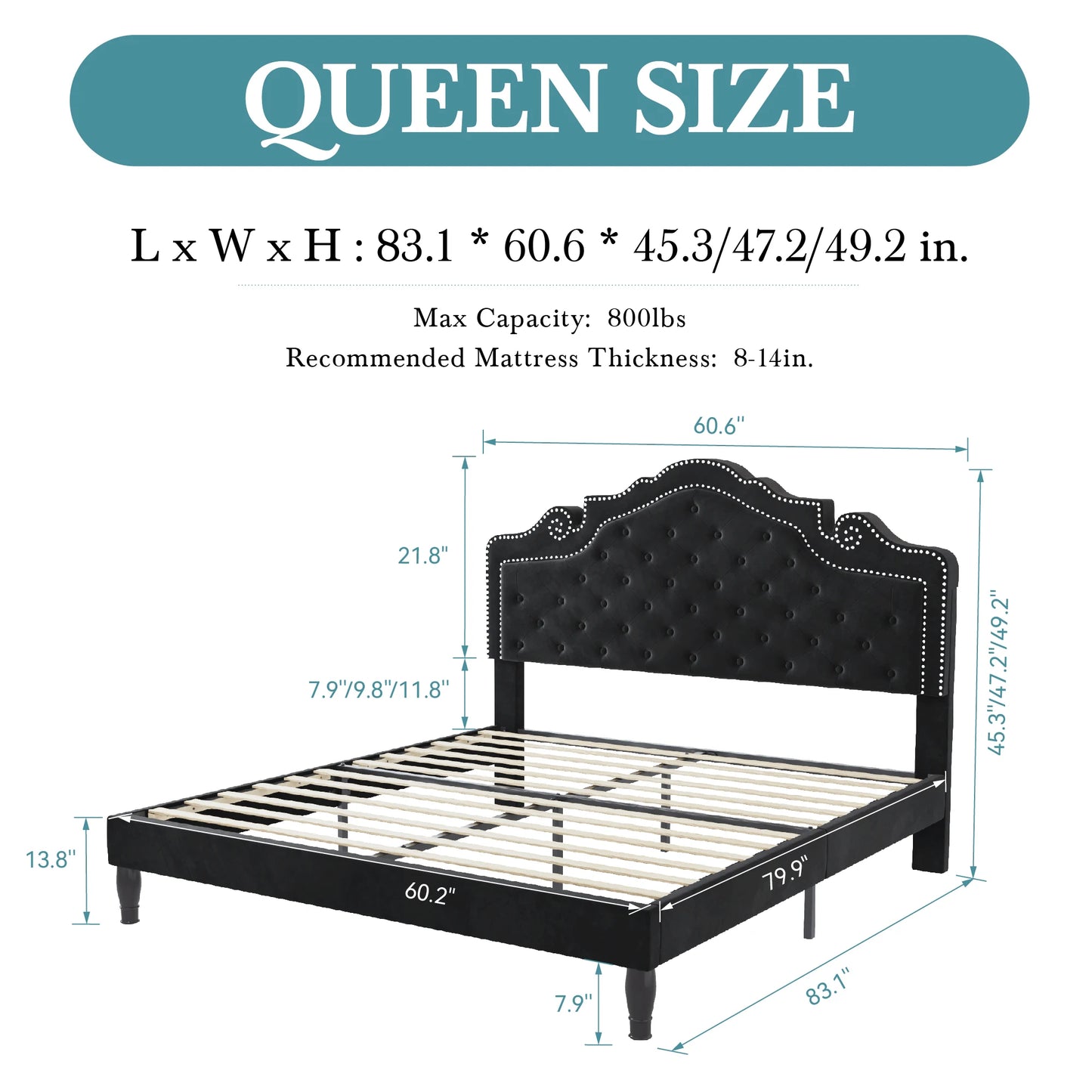 HOOMIC Full/Queen/King Size Velvet Bed Frame with Adjustable Tiara Headboard, Diamond Tufted Upholstered Platform Bed