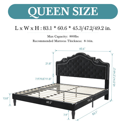 HOOMIC Full/Queen/King Size Velvet Bed Frame with Adjustable Tiara Headboard, Diamond Tufted Upholstered Platform Bed
