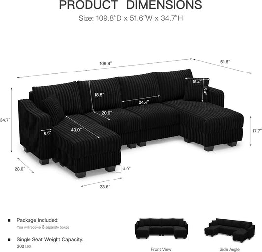 U-Shaped Sectional Sofa with Reversible Chaises & Ottomans, Corduroy Fabric, Black - Spacious Living Room Couch
