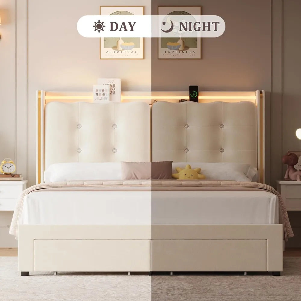 Upholstered Full Led Bed Frame with Charging Station and Storage Drawers, Velvet Princess Platform Bed Frames