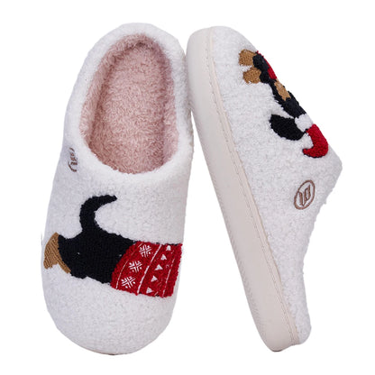 Xmas Dachshund Plush Slippers Flat Thermal Slippers Comfortable Fluffy Home Slippers Anti Slip Soft Furry Slipper for Men Women