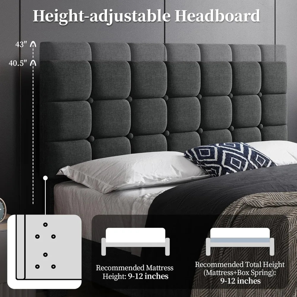 Upholstered Bed Frame, Modern Queen Bed Platform with Square Stitched&Button Tufting Headboard Height Adjustable, Wooden