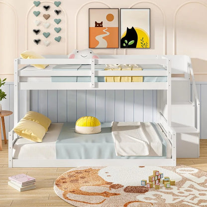 Twin Over Full Bunk Bed with Stairs, Solid Wood Floor Bunk Bed with Storage Staircase & Full-Length Guardrails, Low Bunk