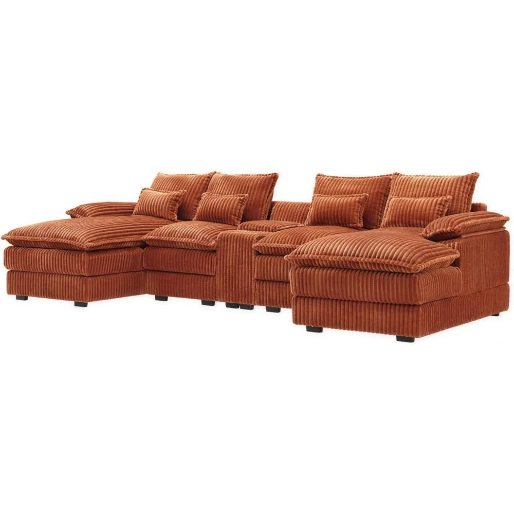 125" U-Shaped Sectional Sofa, Corduroy Cloud Couch with Storage & USB, 6-Seat Modular Sofa Set for Living Room, Orange