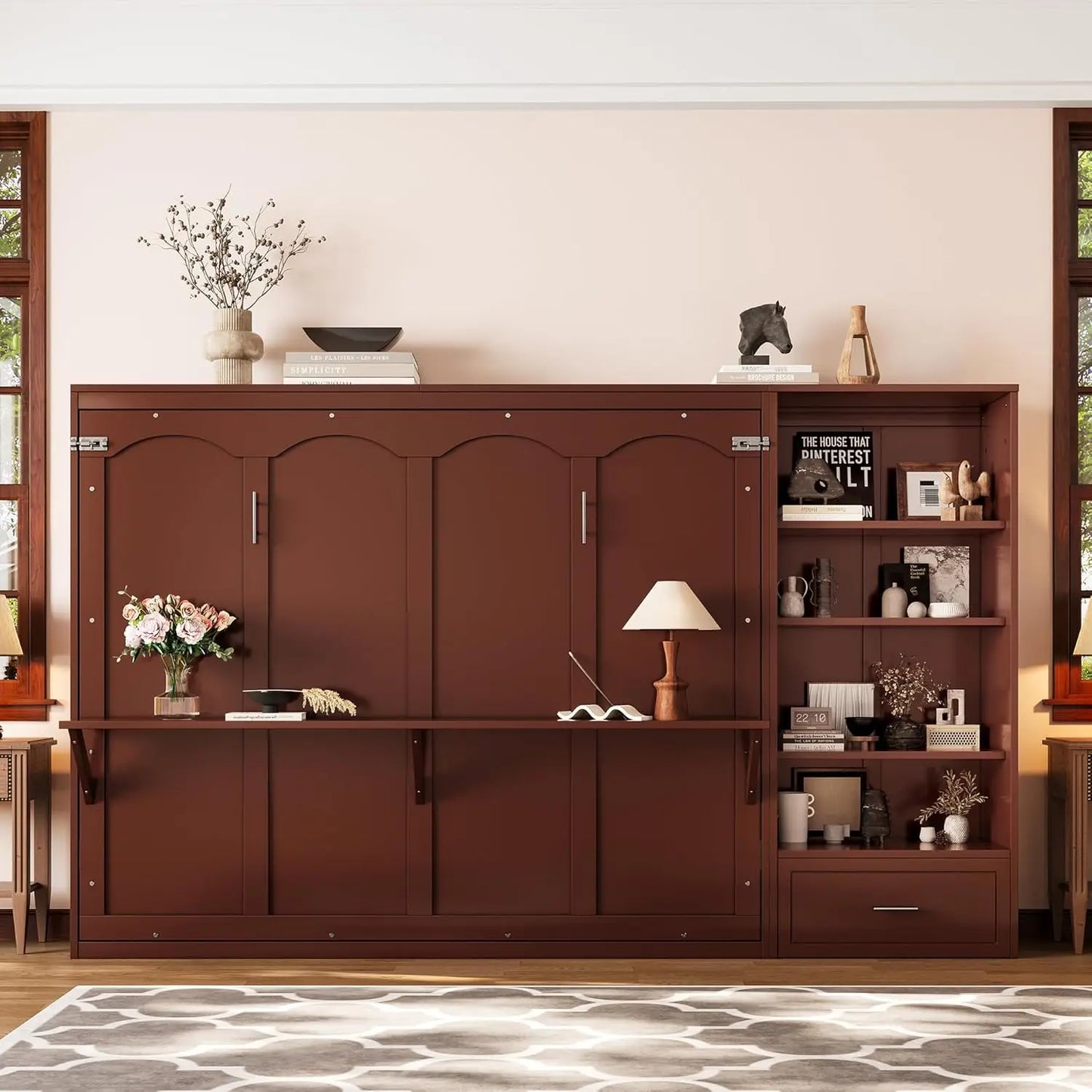 Queen Size Murphy Bed, Solid Pine Queen Murphy Bed Frame Chest Cube Cabinet with Charging Station and Large Storage Drawer for H