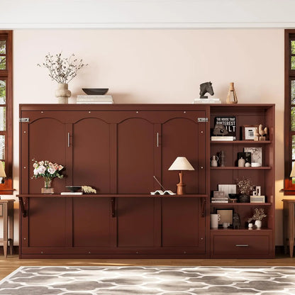 Queen Size Murphy Bed, Solid Pine Queen Murphy Bed Frame Chest Cube Cabinet with Charging Station and Large Storage Drawer for H