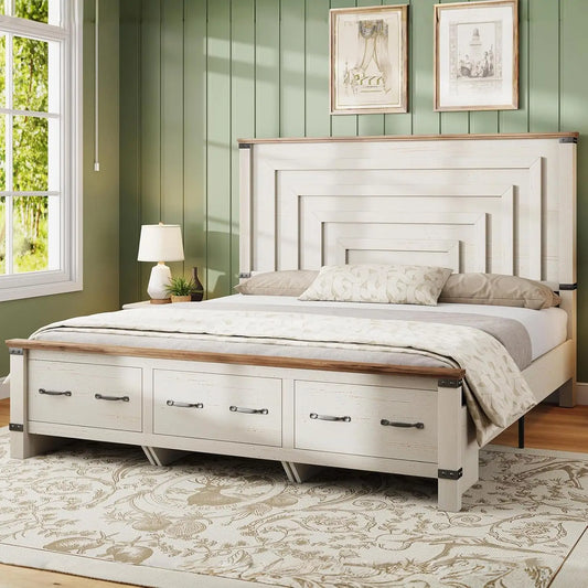 Farmhouse King Size Bed Frame with 54" Tall Geometric Headboard & Footboard, Rustic Wood Platform Bed Frame, Customized