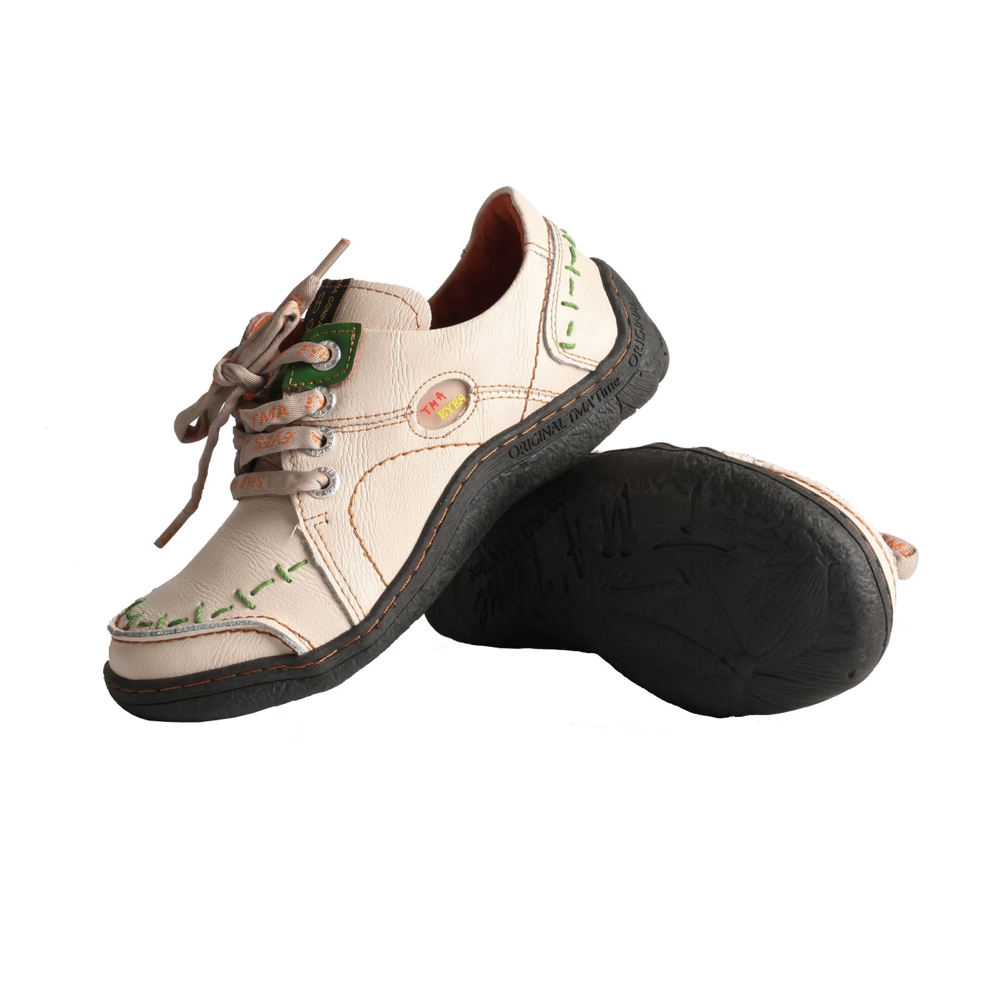 TMA EYES Women's Hand-Stitched Leather Sneakers Lightweight Flat Design Shoes Comfortable Breathable Upper Leather Sole