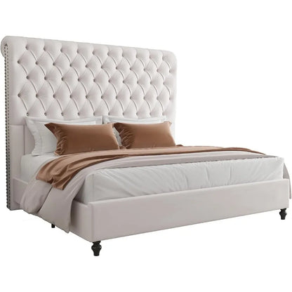 King Size Bed Frame 60" Tall Sleigh Headboard Bed with Velvet Upholstered Platform, No Box Spring Needed
