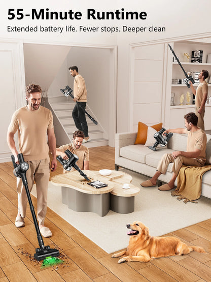 Cordless Vacuum Cleaner, 50Kpa/55Mins Vacuum Cleaners for Home, Anti-tangle Stick Vacuum with Self-Standing, Wall Mount Charging