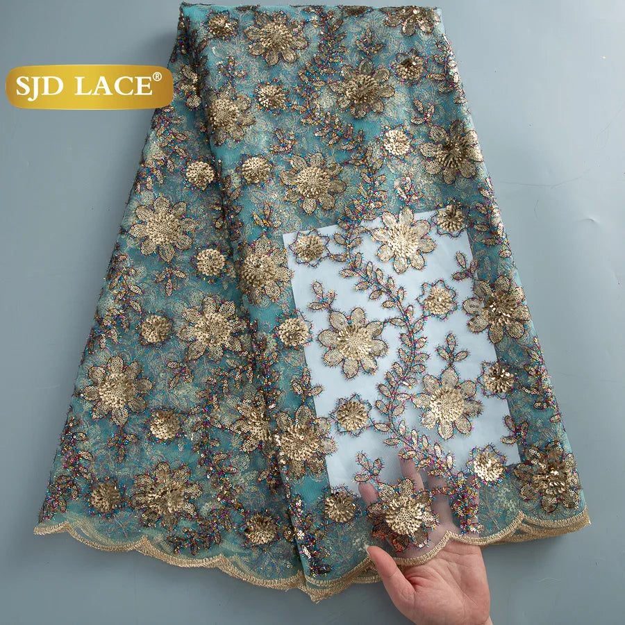 SJD LACE African Green Sequins Mesh Woman Lace Fabric High Quality 2025 Nigerian French Net Lace for Sewing Wedding Dresses 3735