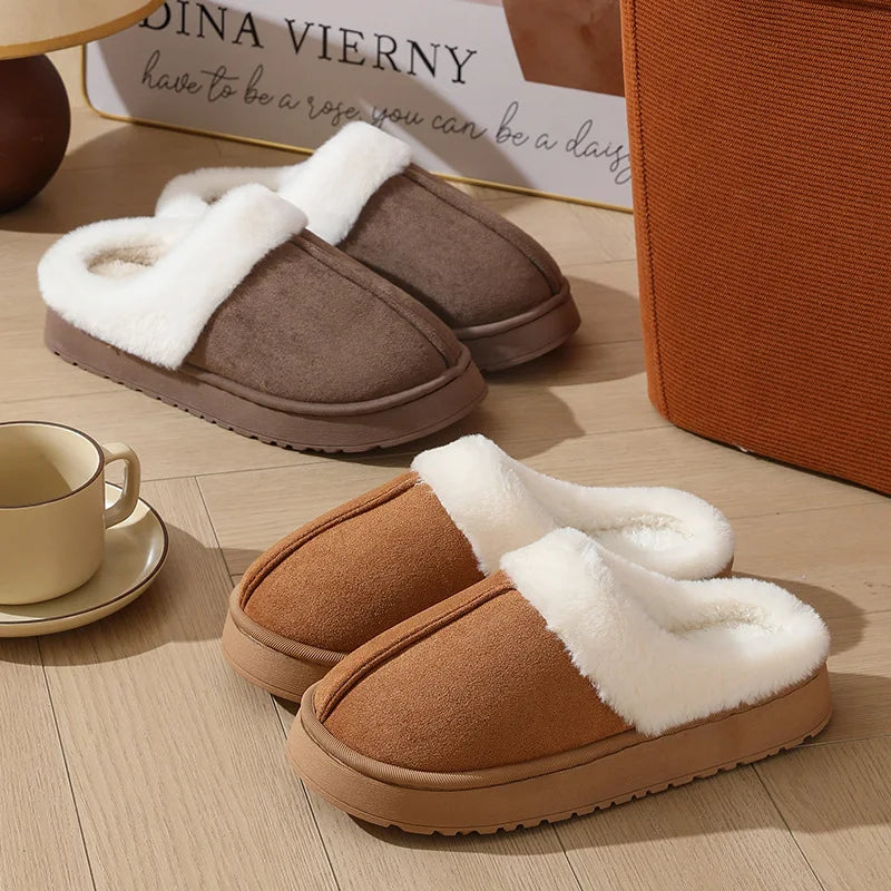 Crestar Women Plush House Slippers Fashion Faux Fur Collar Non-slip Platform Fuzzy Slides Winter Indoor Warm Fluffy Cotton Shoes