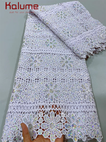 White African Guipure Cord Lace Fabric with Sequins 2025 High Quality Nigerian Guipure Cord Lace for Sewing Wedding Dress F4025