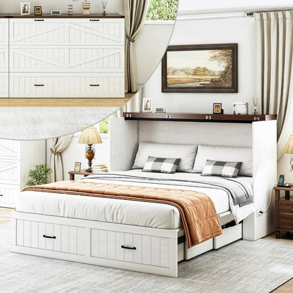 Queen Murphy Bed with Storage & Charging Station, Farmhouse Murphy Cabinet Bed with Large Drawer, Hideaway Foldable Platform Bed