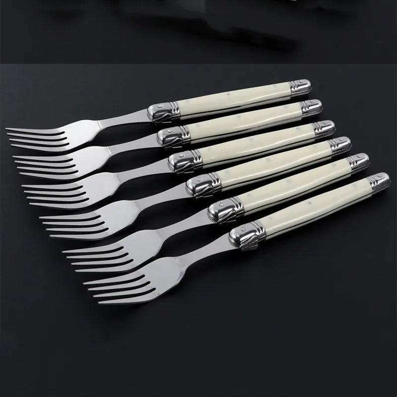 4/6/24pcs Laguiole Ivory White Silverware Stainless Steel Steak Knives Table Forks Dinner Spoons Dessert Teaspoon Xmas Cutlery