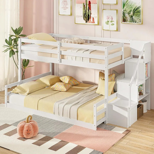 Twin Over Full Bunk Bed with Stairs, Solid Wood Floor Bunk Bed with Storage Staircase & Full-Length Guardrails, Low Bunk