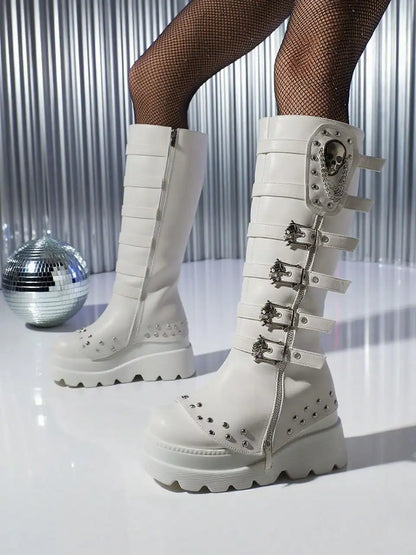 Women's Gothic Buckle Skull Knee High Boots Platform Y2k Punk Wedges High Heels Thick Sole Chain Rivet Decor Halloween Shoes