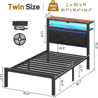 Twin Bed Frame with LED Headboard, USB Charging, Storage Shelves & Underbed Space, Dark Gray