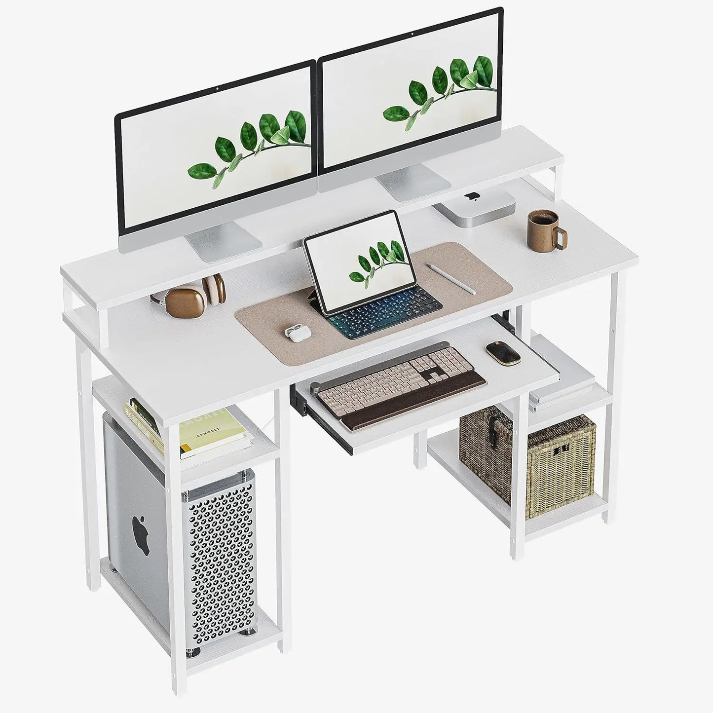 CubiCubi Computer Desk with Keyboard Tray 47 Inch Office Desk with Monitor Stand Storage Shelves Music Studio Desk Workstation