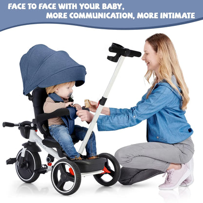 6-in-1 Folding Baby Tricycle - Adjustable Parent Handle, Safety Harness, Wheel Brakes & Removable Canopy | Kids Trike