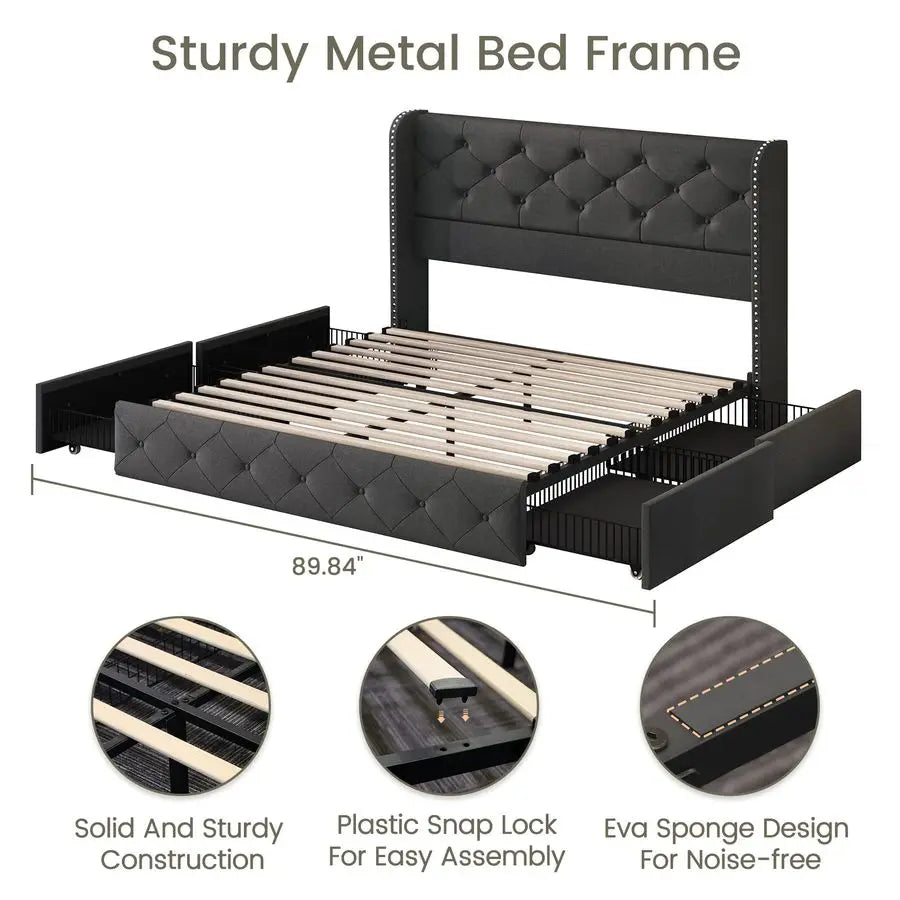 Full Size Bed Frame with 4 Storage Drawers and Wingback Headboard Linen Upholstered Platform Bed Frame Tufted Beds with Wooden S
