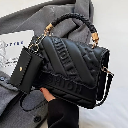 1pc Trendy Quilted Handbag with Adjustable Strap, Stylish Black Shoulder Purse for Women with Mini Coin Pouch, Crossbody Purse