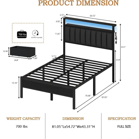 Size Bed Frame with Charging Station and LED Lights, Grey Upholstered Headboard with Shelves, 2 Under-Bed Storage Black Oak