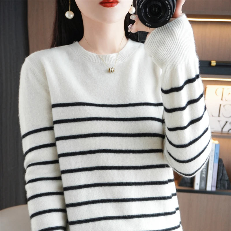 Spring Women's Pullover Sweater Striped Two-Color Sweater Long Sleeve Crewneck New 100% Cotton Pullover Sweater For Women-SMY257