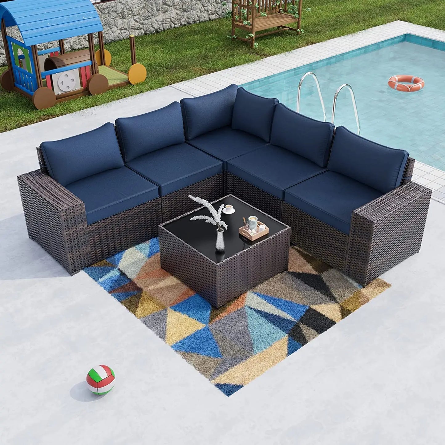 12 Pieces Outdoor Patio PE Rattan Sectional Sofa Set with Cushions & Tempered Glass Coffee Table for Garden Porch, Customized