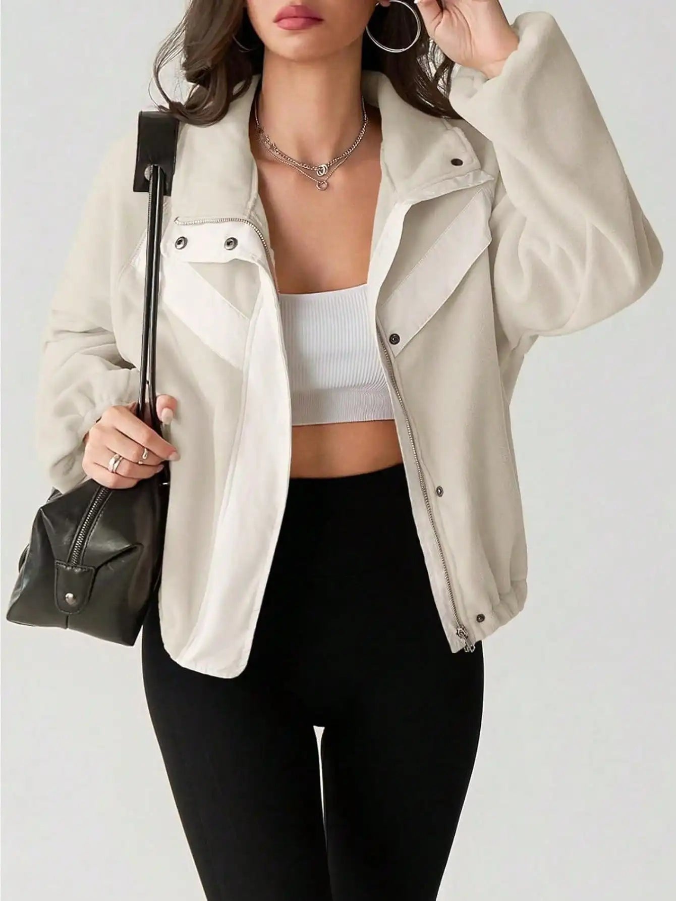 Women's Coquette Aesthetic Sherpa Cropped Jacket, Fuzzy Fleece Zip-Up with Stand Collar & Pockets, Fall Winter Coats