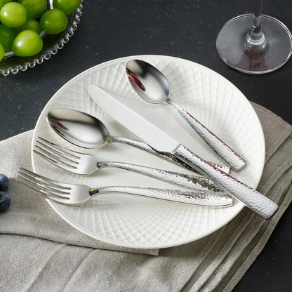 60-Piece Hammered Stainless Steel Silverware Set for 12, Elegant 18/10 Flatware Collection